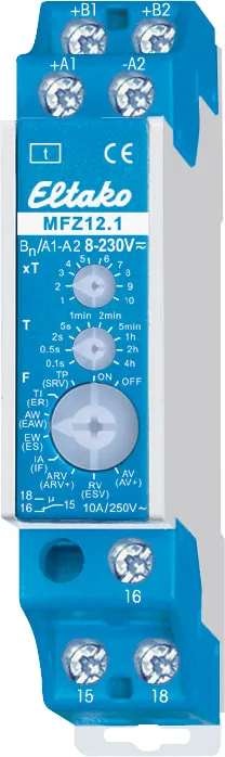 Eltako MFZ12NP-230V+UC multifunktionstidrelä, 10 funktioner, 1 NO 16 A, DIN-skena