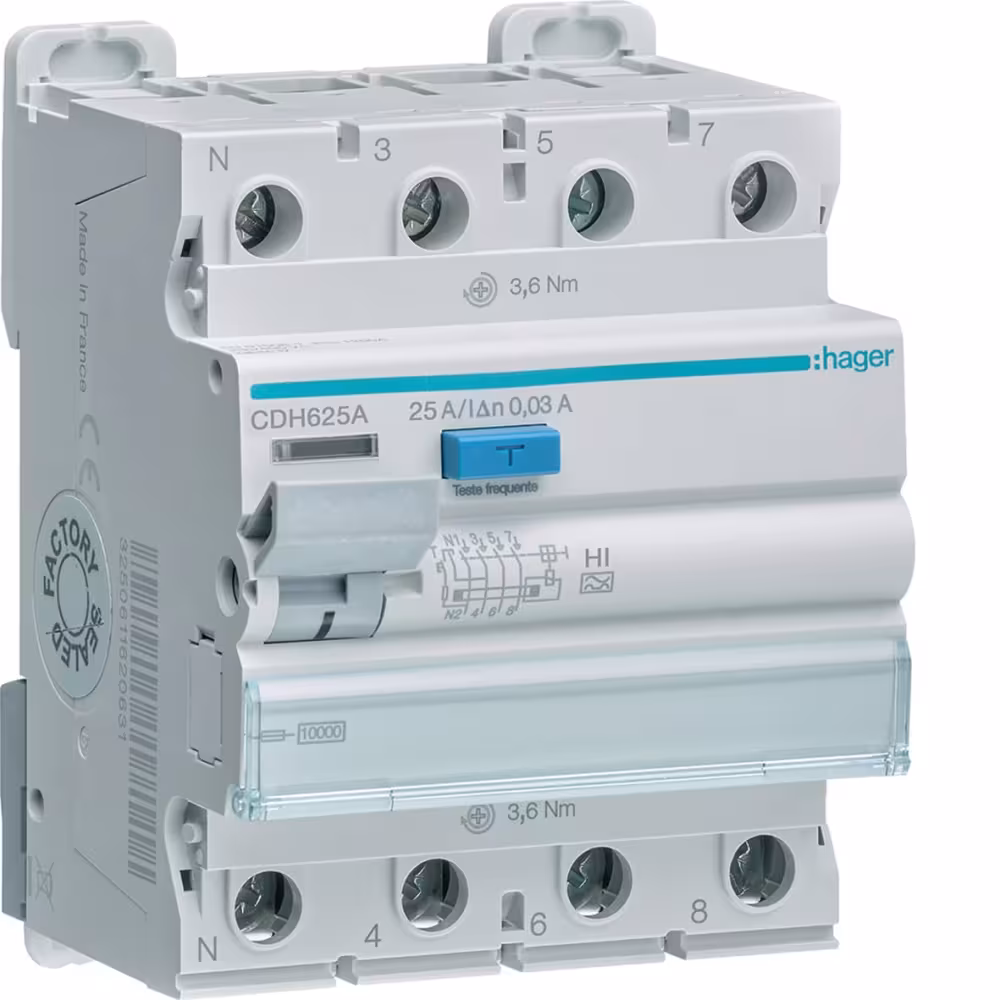 Hager CDH625A jordfelsbrytare 4-polig (3P+N) 25 A, 30 mA, typ HI