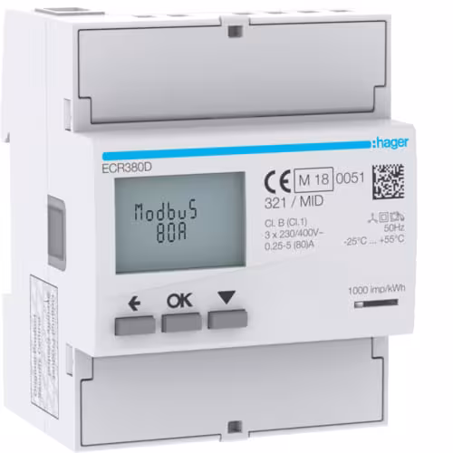 Hager ECR380D energimätare 3-fas direktmätning 80 A, Modbus