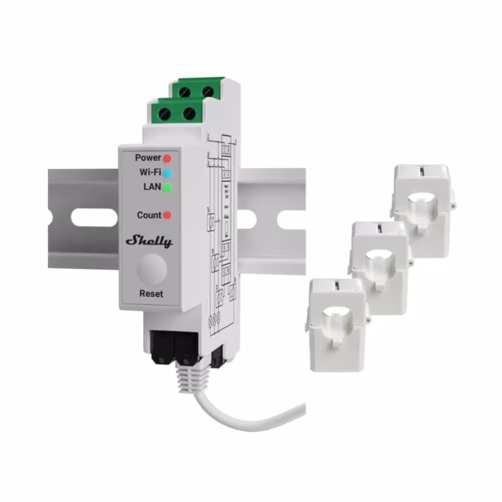 Shelly Pro 3EM 120A V2 energimätare 3-fas för DIN-skena, Matter-redo