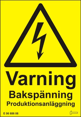 Hammarprodukter Bakspänning varningsdekal för produktionsanläggning, gul, självhäftande
