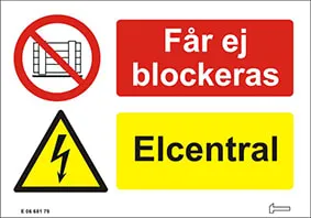 Hammarprodukter H 28 D varningsdekal Elcentral får ej blockeras, 150 × 105 mm
