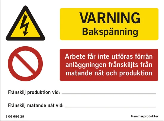 Hammarprodukter Varning Bakspänning dekal för mikroproduktion, 150 × 110 mm