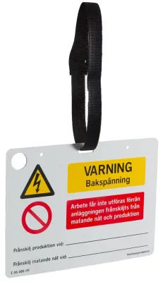 Hammarprodukter varningsskylt Bakspänning för mikroproduktion, kardborreband