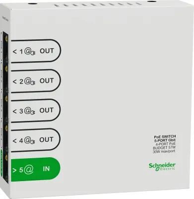 Schneider Electric Resi9 nätverksswitch 5 portar, 4 × PoE, 57 W