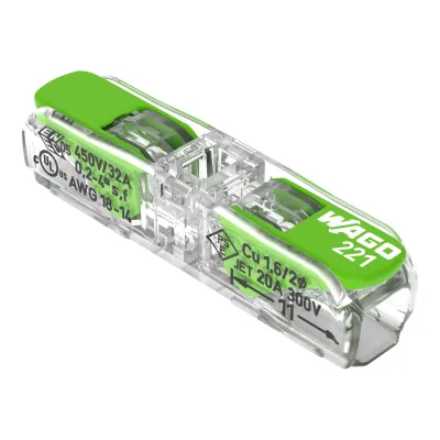 Wago 221 Green Range skarvklämma 2 ledare, max 4 mm², transparent