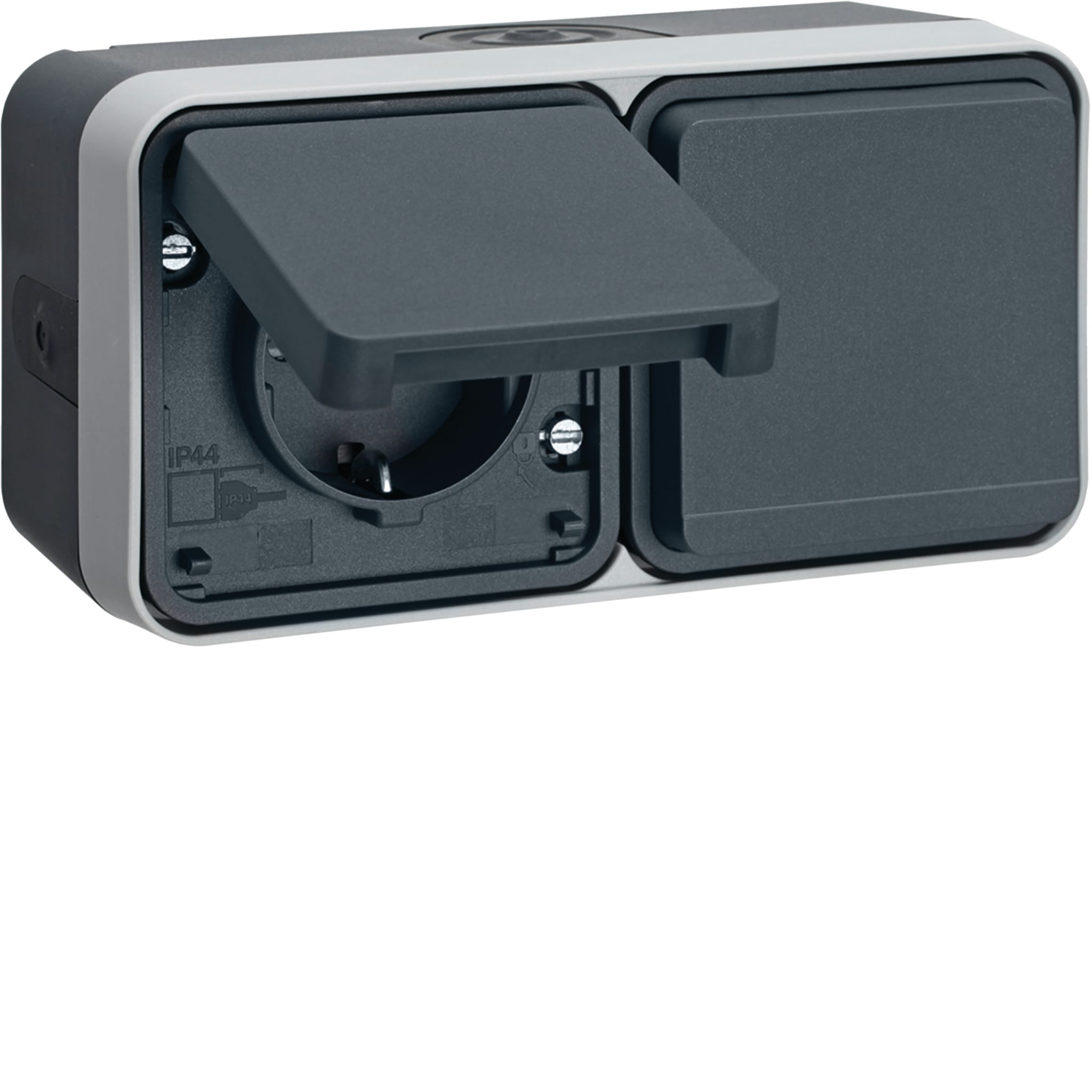 Hager W.1 vägguttag 2-vägs med lock, utanpåliggande, IP55 - Grå - 1802077