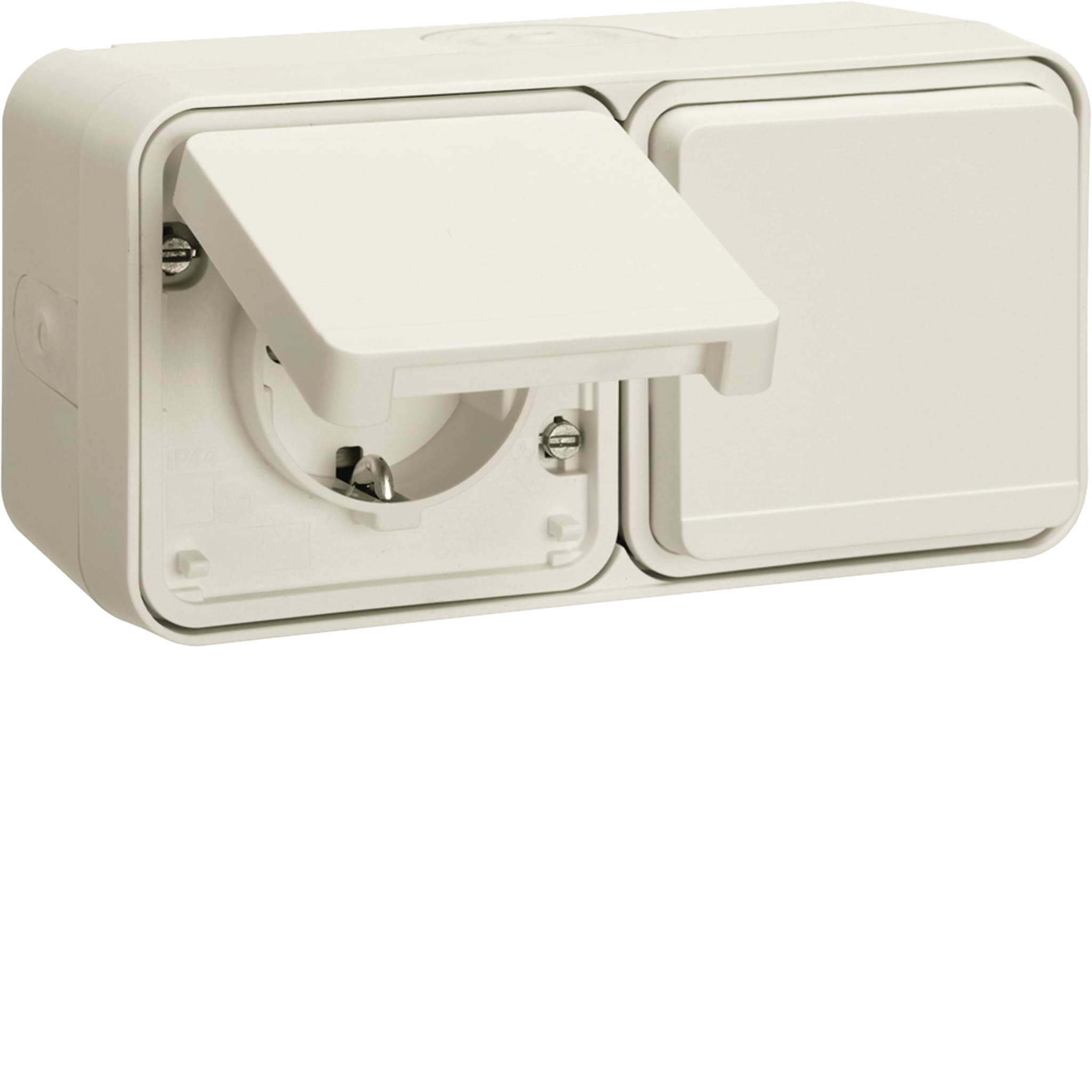 Hager W.1 vägguttag 2-vägs med lock, utanpåliggande, IP55 - Vit - 1802076